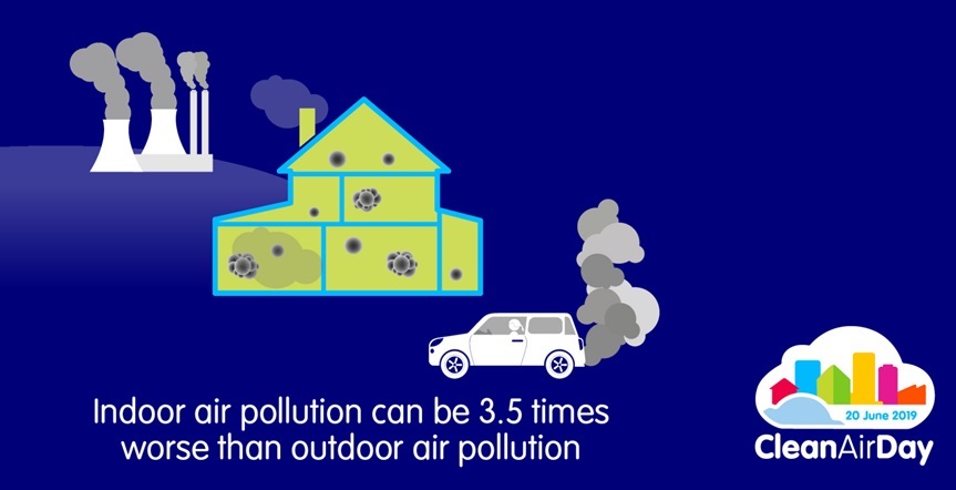 an illustration of a house, power station and car. The text reads "indoor air pollution can be 3.5 times worse than outdoor air pollution"